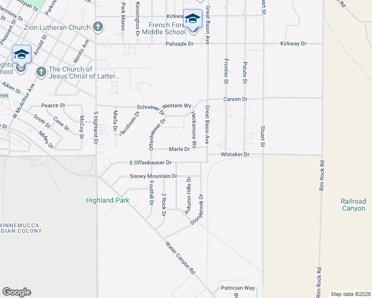 map of restaurants, bars, coffee shops, grocery stores, and more near 5377 Marla Drive in Winnemucca