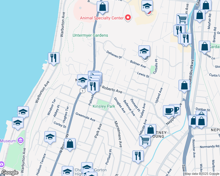 map of restaurants, bars, coffee shops, grocery stores, and more near 2 Park Avenue Terrace in Yonkers