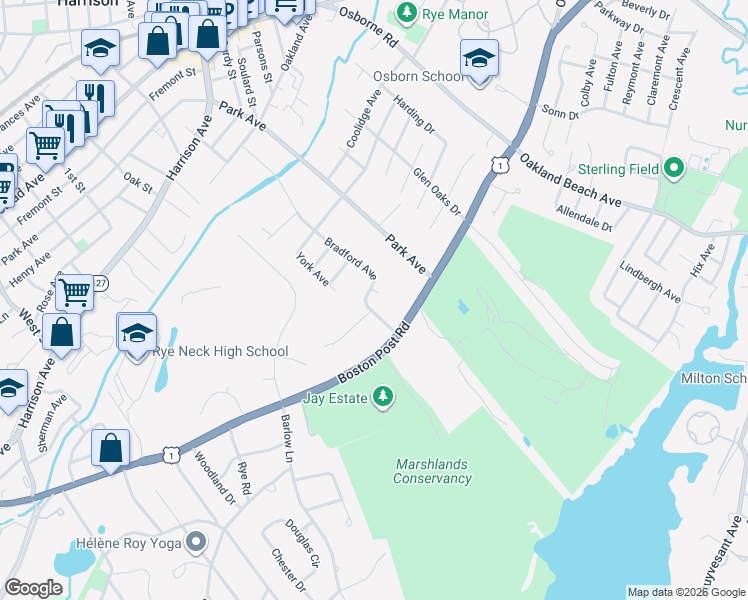 map of restaurants, bars, coffee shops, grocery stores, and more near 40 Bradford Avenue in Rye