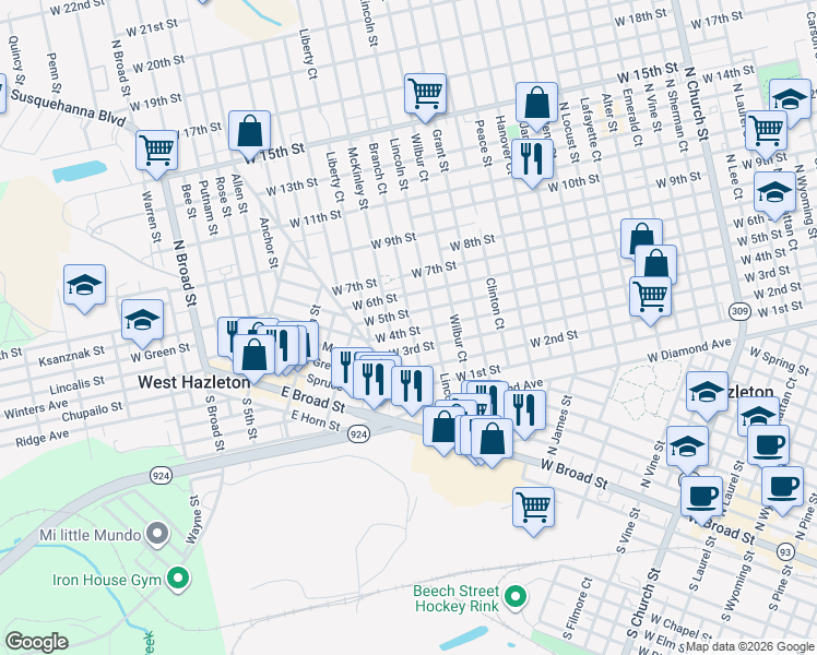 map of restaurants, bars, coffee shops, grocery stores, and more near 929 West 4th Street in Hazleton