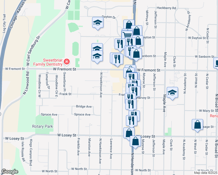 map of restaurants, bars, coffee shops, grocery stores, and more near 1084 Lawrence Avenue in Galesburg