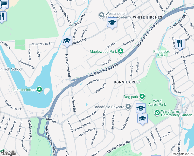 map of restaurants, bars, coffee shops, grocery stores, and more near 114 Hanson Lane in New Rochelle