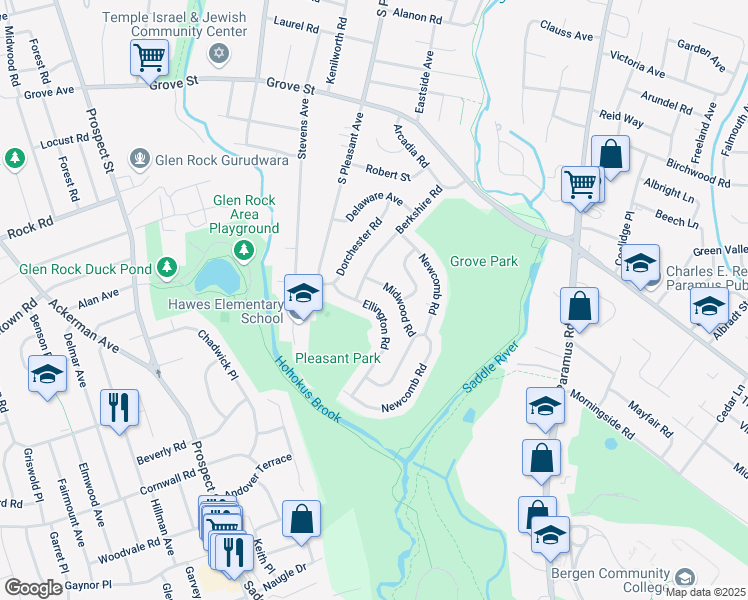 map of restaurants, bars, coffee shops, grocery stores, and more near 647 Ellington Road in Ridgewood