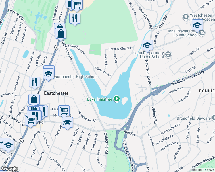 map of restaurants, bars, coffee shops, grocery stores, and more near 64 Lakeshore Drive in Eastchester