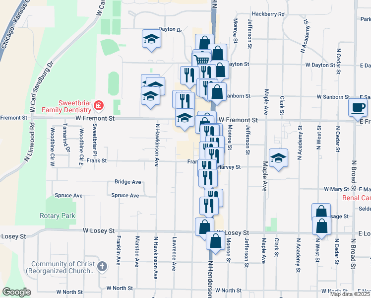 map of restaurants, bars, coffee shops, grocery stores, and more near 1065 Lawrence Avenue in Galesburg