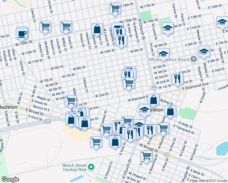 map of restaurants, bars, coffee shops, grocery stores, and more near 527 West 2nd Street in Hazleton
