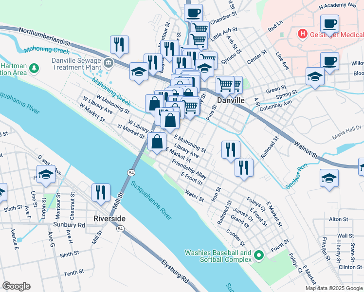 map of restaurants, bars, coffee shops, grocery stores, and more near 342 Ferry Street in Danville