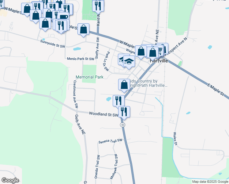 map of restaurants, bars, coffee shops, grocery stores, and more near 205 Jefferson Street in Hartville