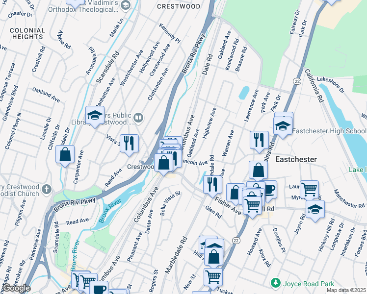 map of restaurants, bars, coffee shops, grocery stores, and more near 338 Columbus Avenue in Tuckahoe