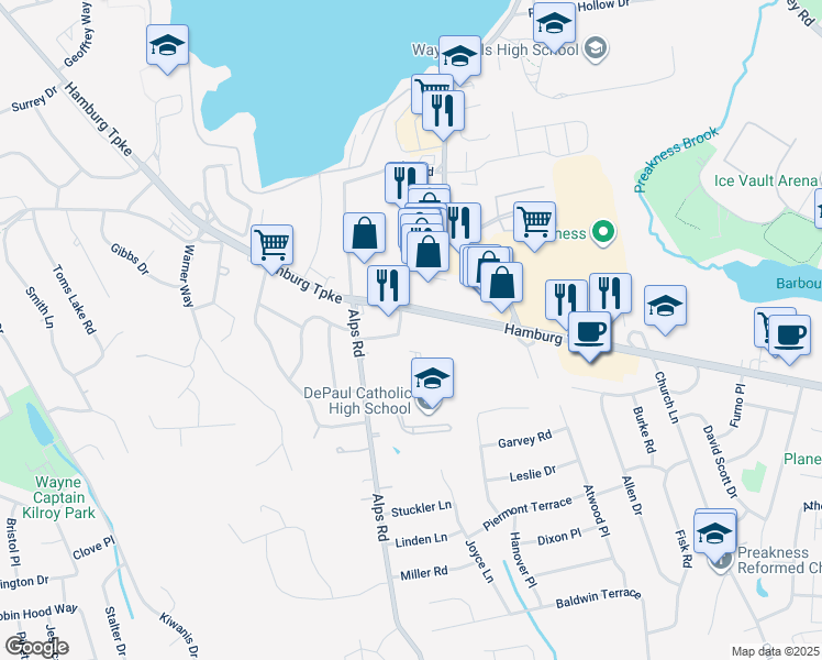 map of restaurants, bars, coffee shops, grocery stores, and more near in Wayne