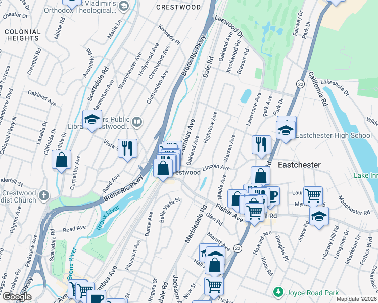 map of restaurants, bars, coffee shops, grocery stores, and more near 61 Oakland Avenue in Tuckahoe