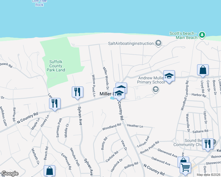 map of restaurants, bars, coffee shops, grocery stores, and more near 183 North Country Road in Miller Place