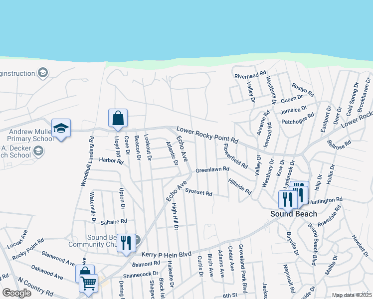 map of restaurants, bars, coffee shops, grocery stores, and more near 42 Long Beach Drive in Sound Beach