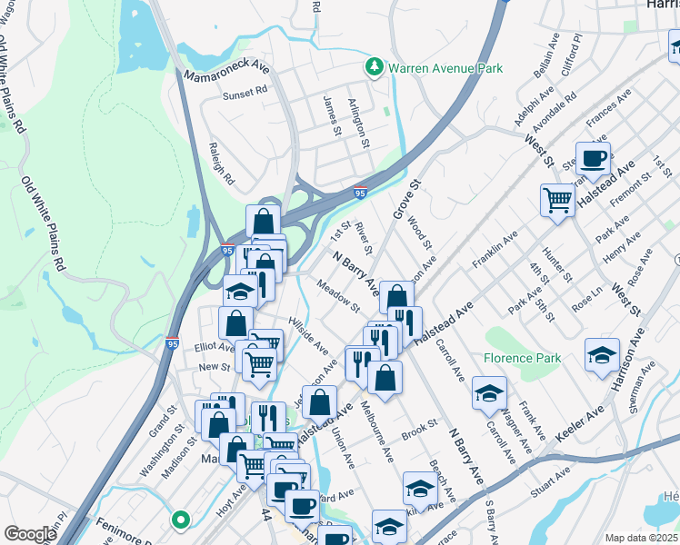 map of restaurants, bars, coffee shops, grocery stores, and more near 614 2nd Street in Mamaroneck