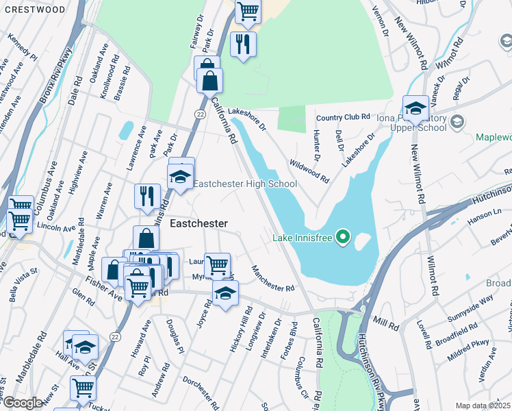 map of restaurants, bars, coffee shops, grocery stores, and more near 1267 California Road in Eastchester
