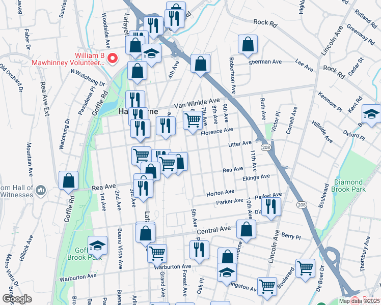 map of restaurants, bars, coffee shops, grocery stores, and more near in Hawthorne
