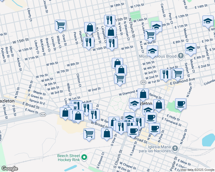 map of restaurants, bars, coffee shops, grocery stores, and more near 542 North Locust Street in Hazleton