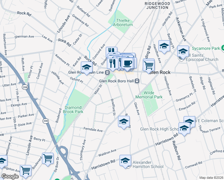 map of restaurants, bars, coffee shops, grocery stores, and more near 29 Bradford Street in Glen Rock