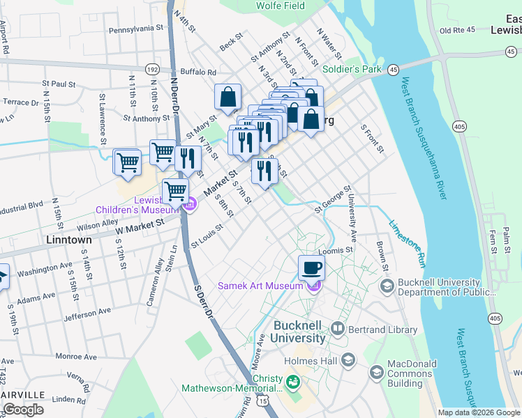 map of restaurants, bars, coffee shops, grocery stores, and more near Bell Alley in Lewisburg