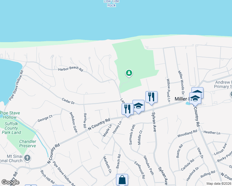 map of restaurants, bars, coffee shops, grocery stores, and more near 18 Landing Road in Miller Place