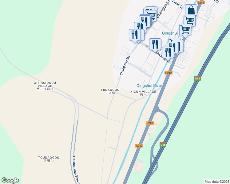 map of restaurants, bars, coffee shops, grocery stores, and more near Chang Qing Lu in Zhang Jia Kou Shi