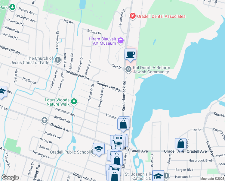 map of restaurants, bars, coffee shops, grocery stores, and more near 665 Soldier Hill Road in Oradell