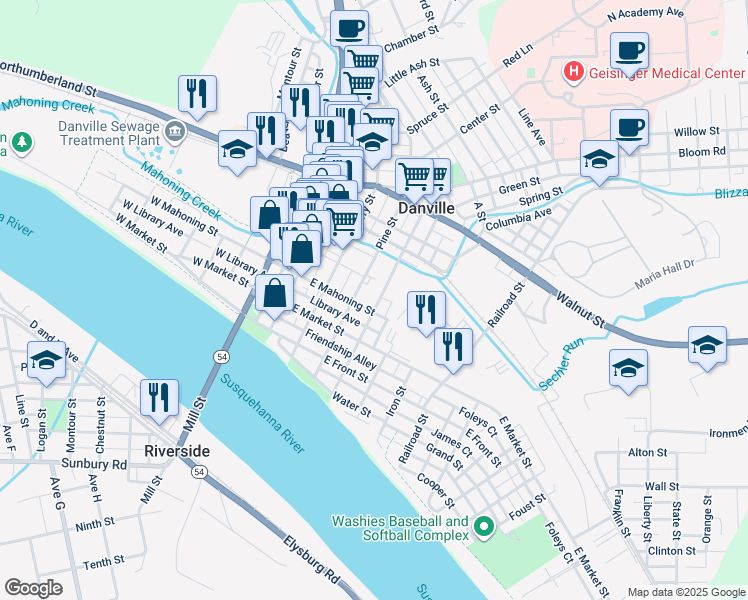 map of restaurants, bars, coffee shops, grocery stores, and more near 429 Church Street in Danville