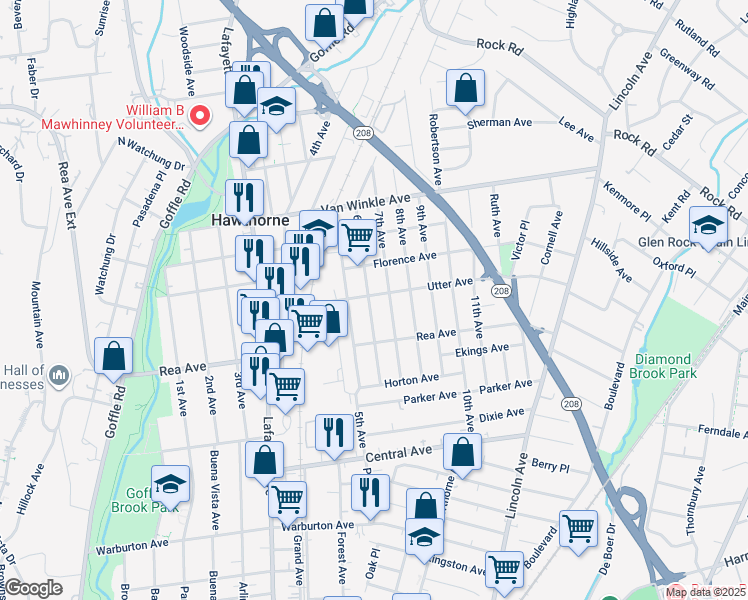 map of restaurants, bars, coffee shops, grocery stores, and more near 104 Utter Avenue in Hawthorne