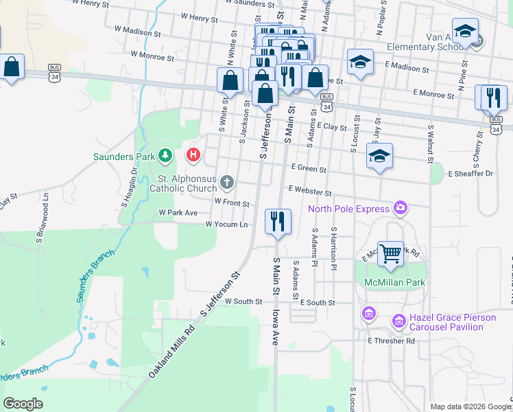 map of restaurants, bars, coffee shops, grocery stores, and more near County Highway H46 in Mount Pleasant
