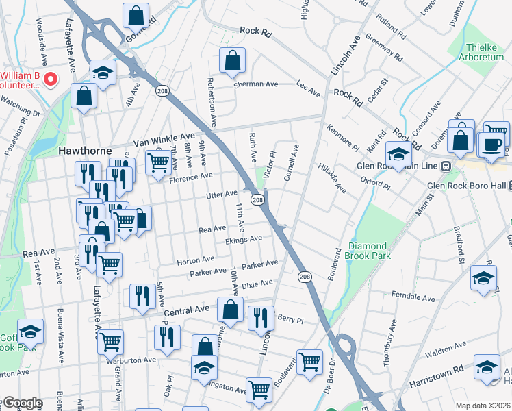 map of restaurants, bars, coffee shops, grocery stores, and more near 21 Raymond Place in Hawthorne