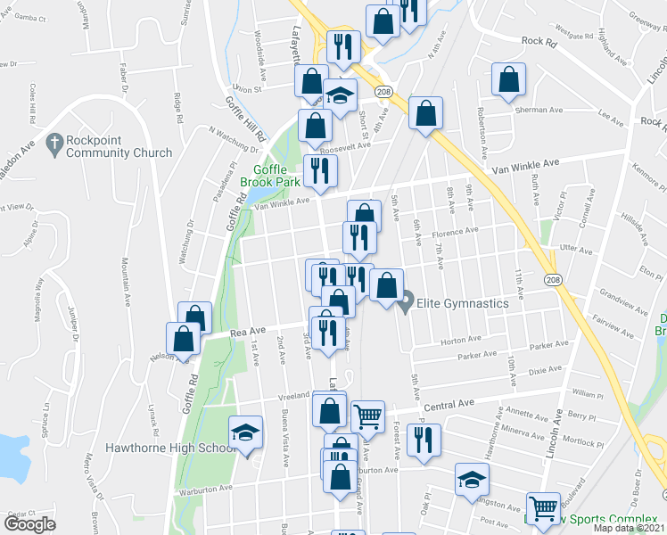 map of restaurants, bars, coffee shops, grocery stores, and more near 649 Lafayette Avenue in Hawthorne