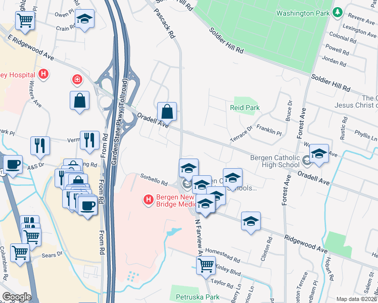 map of restaurants, bars, coffee shops, grocery stores, and more near 257 Pascack Road in Paramus