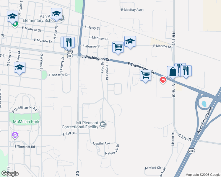 map of restaurants, bars, coffee shops, grocery stores, and more near 500-510 S Bittersweet St in Mt Pleasant