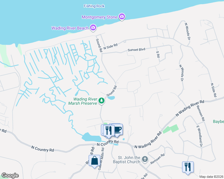 map of restaurants, bars, coffee shops, grocery stores, and more near 179 Sound Road in Wading River
