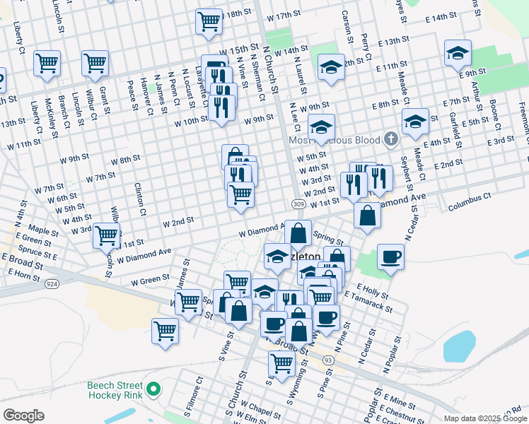map of restaurants, bars, coffee shops, grocery stores, and more near 526 North Vine Street in Hazleton