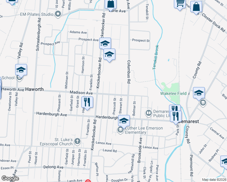 map of restaurants, bars, coffee shops, grocery stores, and more near 91 Prescott Street in Demarest
