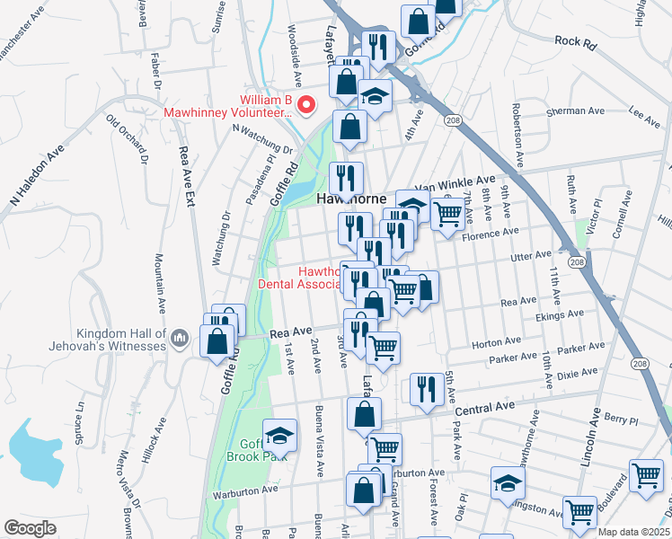 map of restaurants, bars, coffee shops, grocery stores, and more near 133 3rd Avenue in Hawthorne