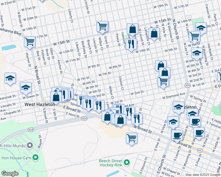 map of restaurants, bars, coffee shops, grocery stores, and more near 822 West 4th Street in Hazleton