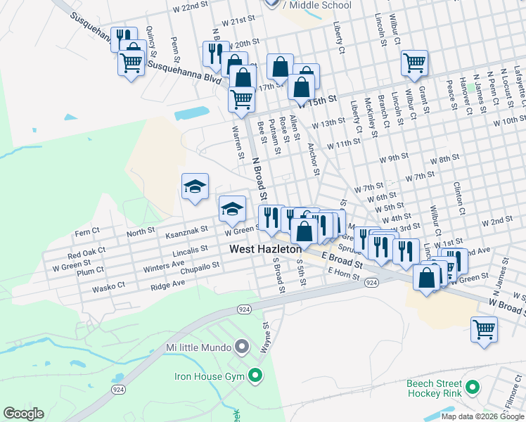 map of restaurants, bars, coffee shops, grocery stores, and more near 106 North Broad Street in West Hazleton
