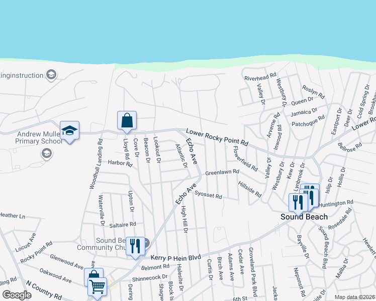 map of restaurants, bars, coffee shops, grocery stores, and more near 421 Echo Avenue in Sound Beach