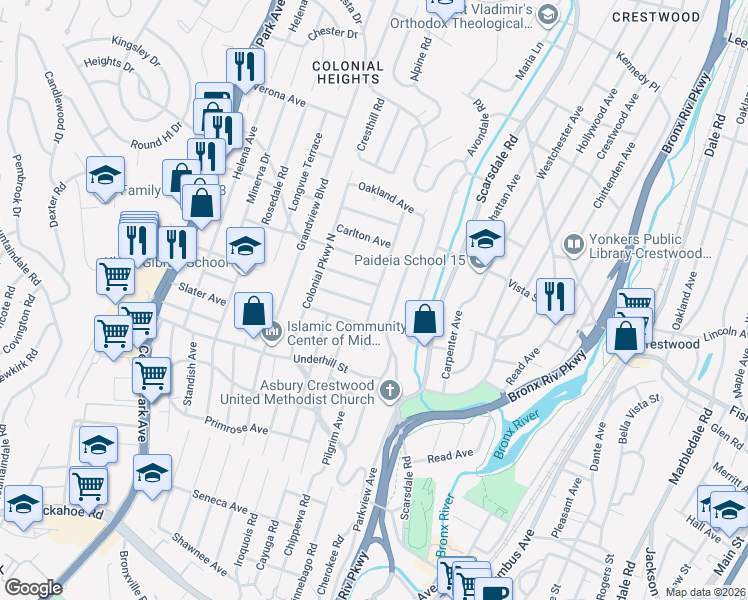 map of restaurants, bars, coffee shops, grocery stores, and more near 80 Lasalle Drive in Yonkers