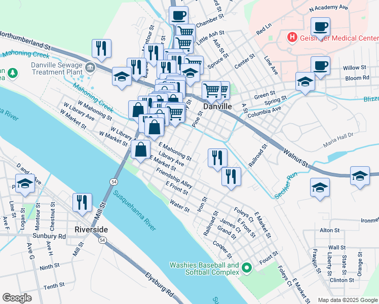 map of restaurants, bars, coffee shops, grocery stores, and more near 429 Church Street in Danville