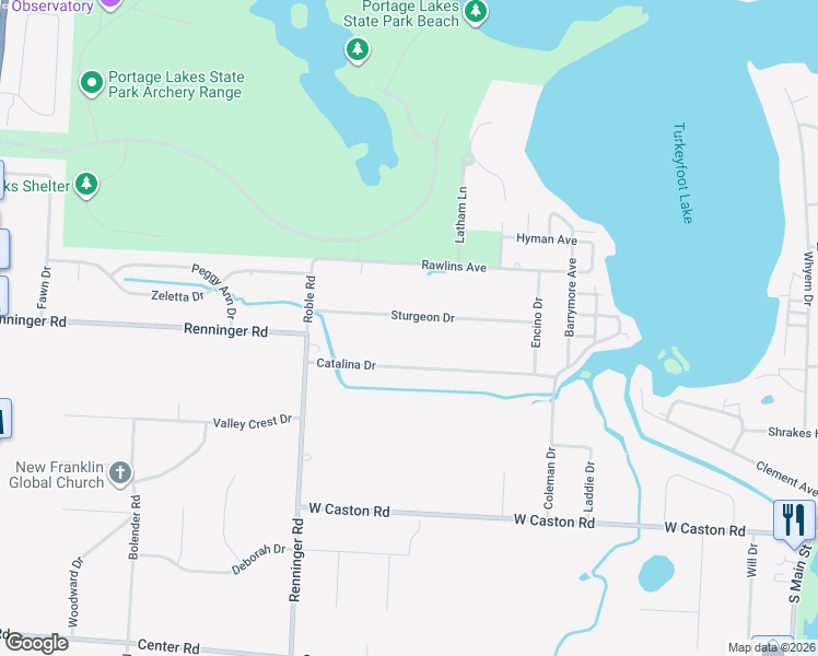 map of restaurants, bars, coffee shops, grocery stores, and more near 554 Sturgeon Drive in Akron