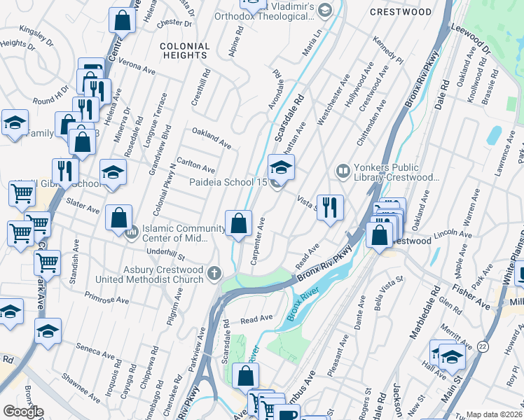 map of restaurants, bars, coffee shops, grocery stores, and more near 145 Westchester Avenue in Yonkers