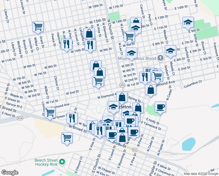 map of restaurants, bars, coffee shops, grocery stores, and more near 526 North Vine Street in Hazleton