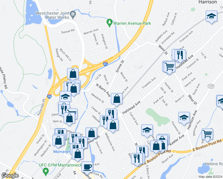 map of restaurants, bars, coffee shops, grocery stores, and more near 624 Lorraine Street in Mamaroneck