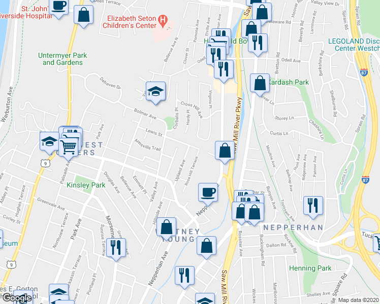 map of restaurants, bars, coffee shops, grocery stores, and more near 390 Upland Avenue in Yonkers