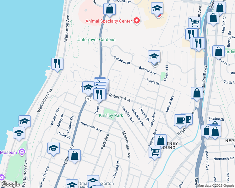 map of restaurants, bars, coffee shops, grocery stores, and more near 2 Park Avenue Terrace in Yonkers
