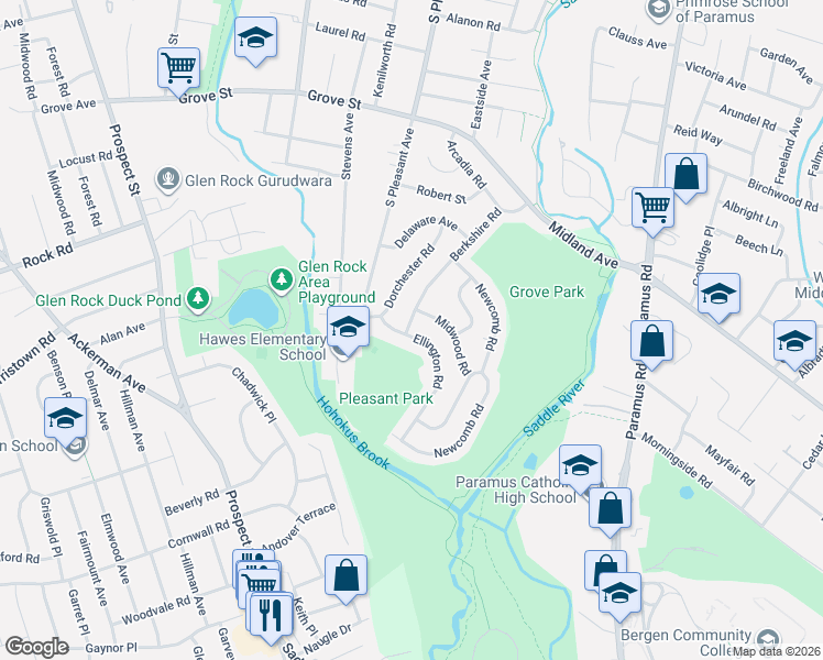 map of restaurants, bars, coffee shops, grocery stores, and more near 647 Ellington Road in Ridgewood