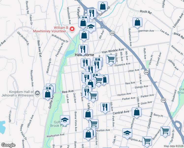 map of restaurants, bars, coffee shops, grocery stores, and more near 649 Lafayette Avenue in Hawthorne